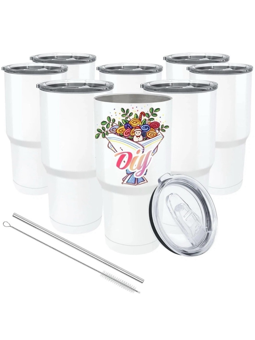 White Stainless Steel Insulated Tumbler with Clear Lid & Straw - White